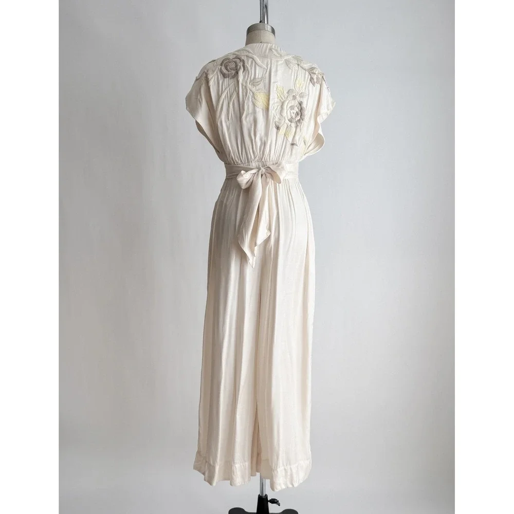 Free People In the Mood for Love cream‎ embroidered wide leg jumpsuit size S